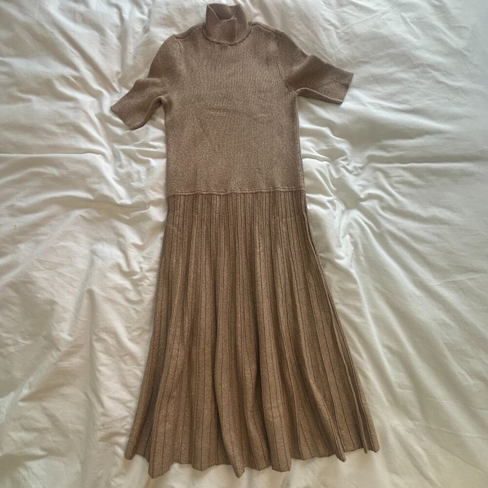 Lauren Ralph Lauren Gold Mock Turtle Neck Dress with Pleated Skirt S